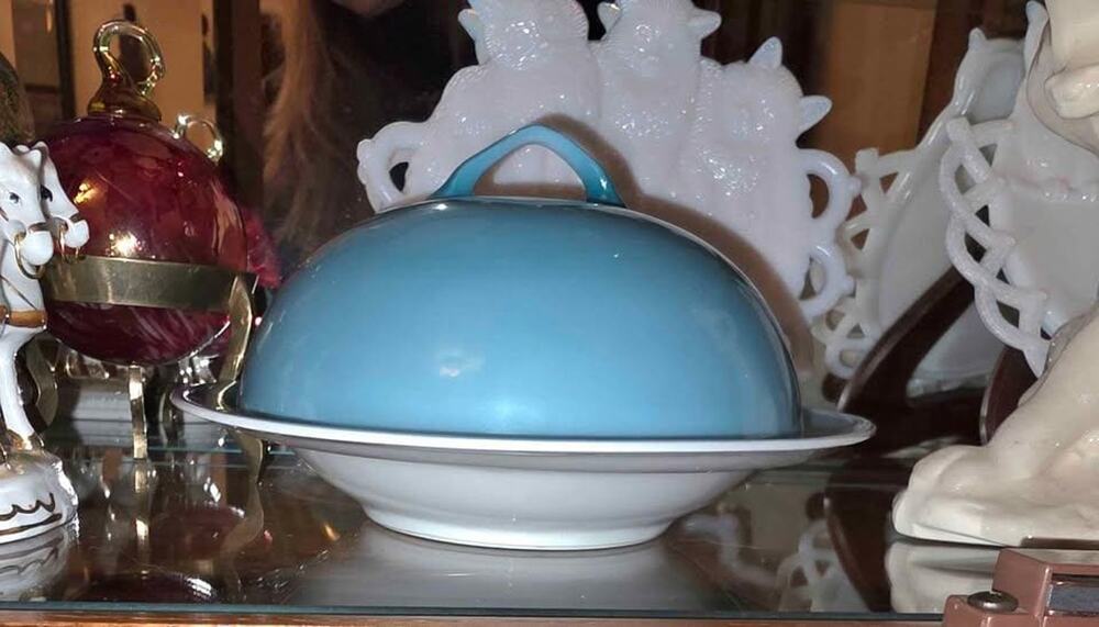 Vintage Victoria Blue Swag Milkglass Czechoslovakia China Butter Dish